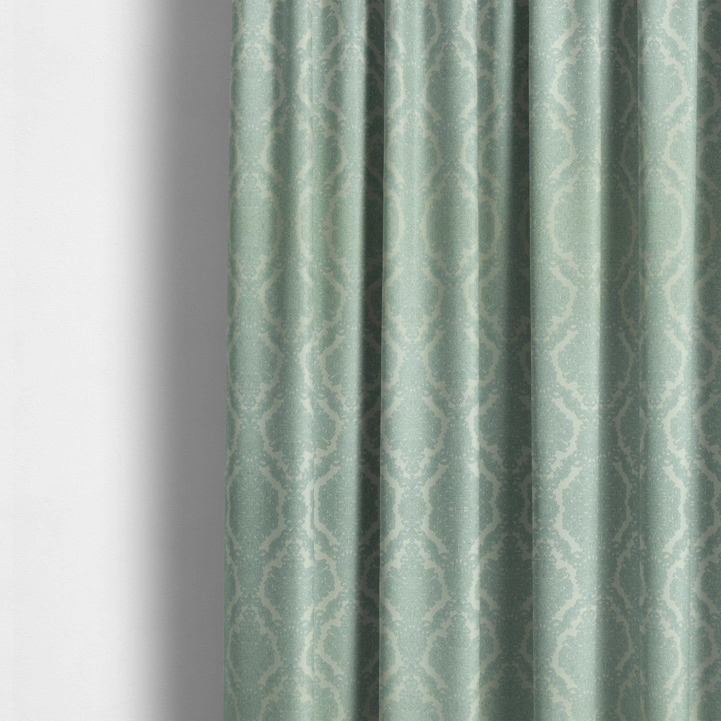 Elstow Damask Pattern Collection In Textured Embroidery Effect Chenille Upholstery Fabric In Aqua Green Colour CTR-414 - Made To Measure Curtains