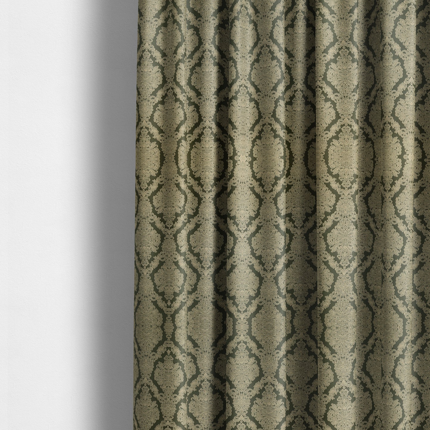 Elstow Damask Pattern Collection In Textured Embroidery Effect Chenille Upholstery Fabric In Green Colour CTR-415 - Made To Measure Curtains