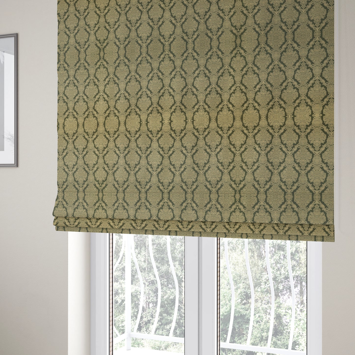 Elstow Damask Pattern Collection In Textured Embroidery Effect Chenille Upholstery Fabric In Green Colour CTR-415 - Roman Blinds