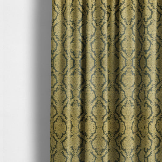 Elstow Damask Pattern Collection In Textured Embroidery Effect Chenille Upholstery Fabric In Green Yellow Colour CTR-416 - Made To Measure Curtains