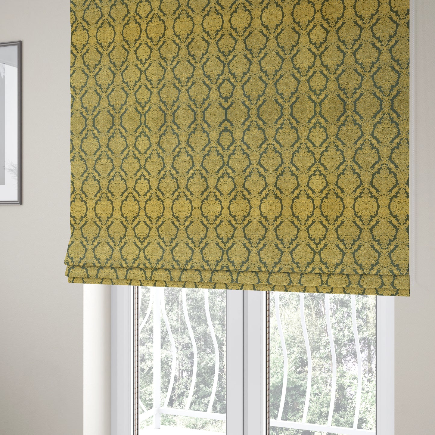 Elstow Damask Pattern Collection In Textured Embroidery Effect Chenille Upholstery Fabric In Green Yellow Colour CTR-416 - Roman Blinds