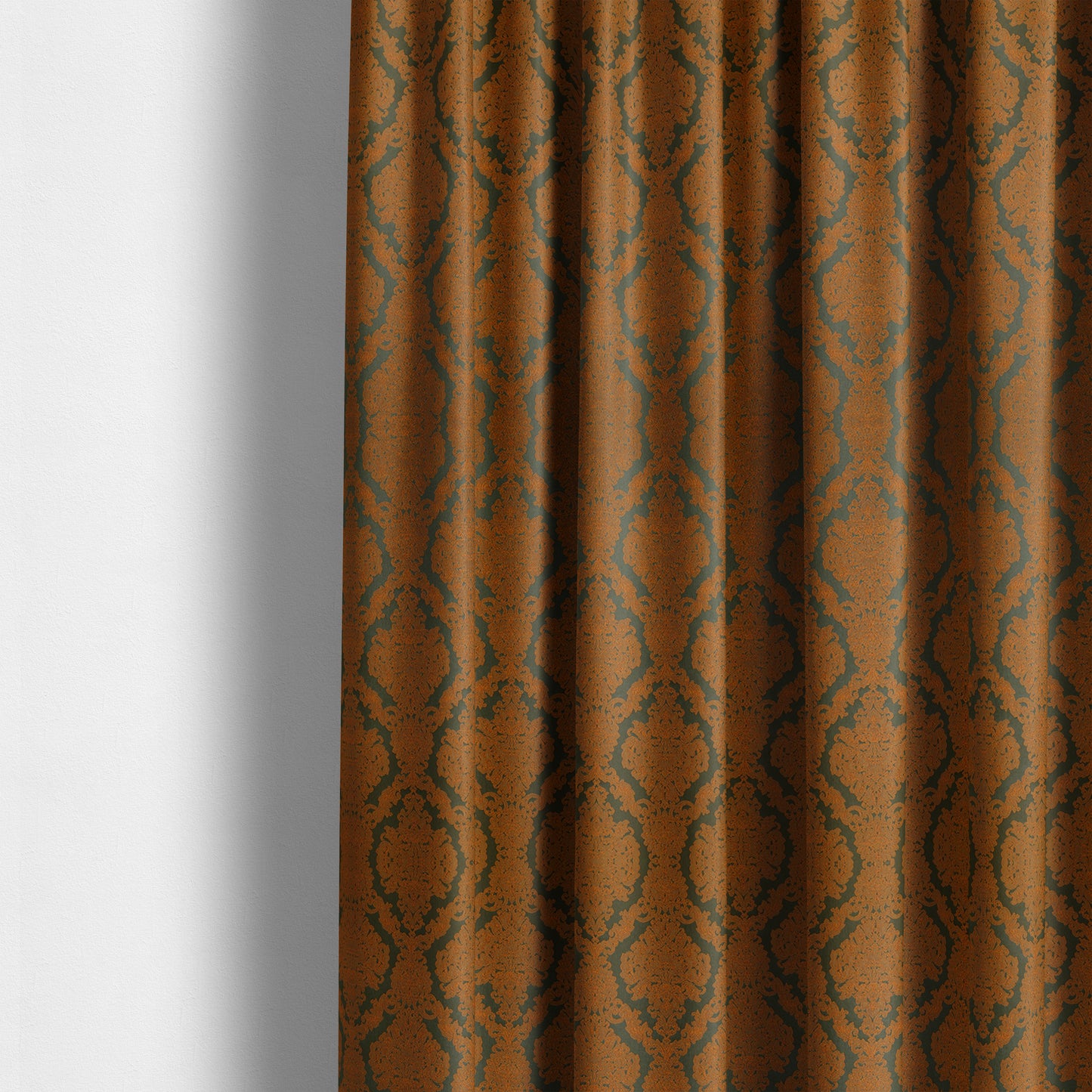 Elstow Damask Pattern Collection In Textured Embroidery Effect Chenille Upholstery Fabric In Green Orange Colour CTR-417 - Made To Measure Curtains