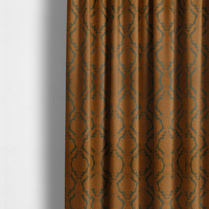 Elstow Damask Pattern Collection In Textured Embroidery Effect Chenille Upholstery Fabric In Green Orange Colour CTR-417 - Made To Measure Curtains