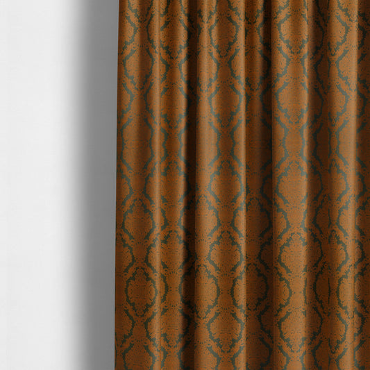 Elstow Damask Pattern Collection In Textured Embroidery Effect Chenille Upholstery Fabric In Green Orange Colour CTR-417 - Made To Measure Curtains