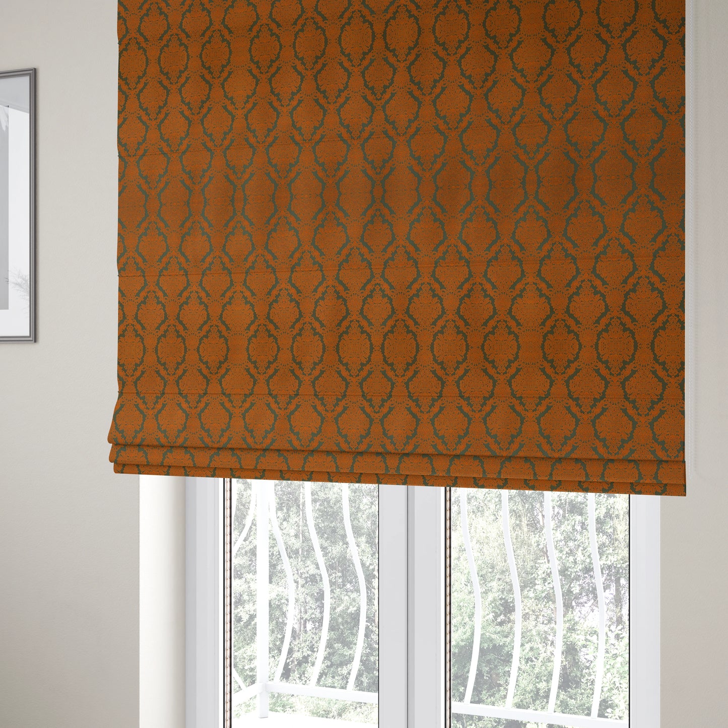 Elstow Damask Pattern Collection In Textured Embroidery Effect Chenille Upholstery Fabric In Green Orange Colour CTR-417 - Roman Blinds