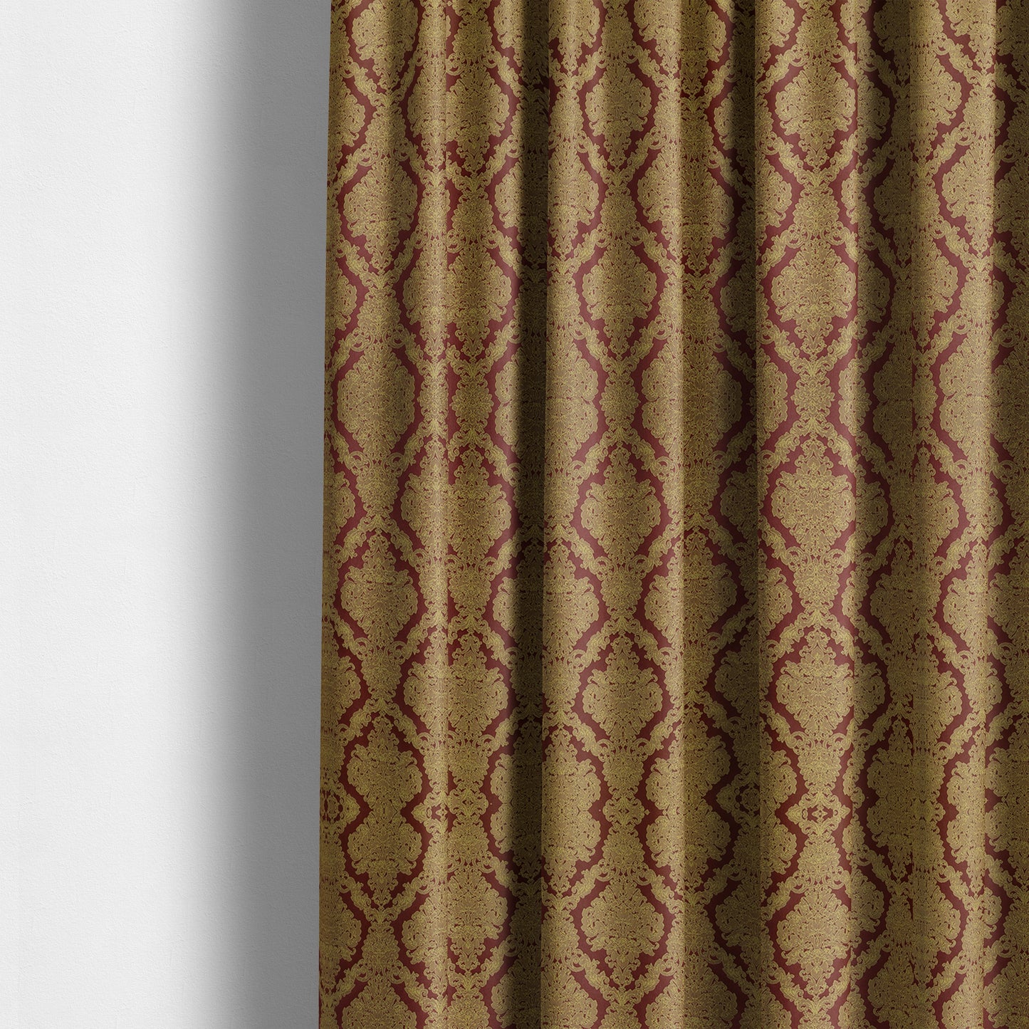 Elstow Damask Pattern Collection In Textured Embroidery Effect Chenille Upholstery Fabric In Red Yellow Colour CTR-418 - Made To Measure Curtains