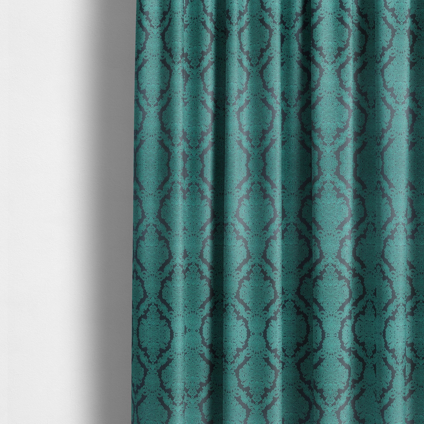 Elstow Damask Pattern Collection In Textured Embroidery Effect Chenille Upholstery Fabric In Teal Blue Colour CTR-419 - Made To Measure Curtains