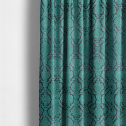 Elstow Damask Pattern Collection In Textured Embroidery Effect Chenille Upholstery Fabric In Teal Blue Colour CTR-419 - Made To Measure Curtains