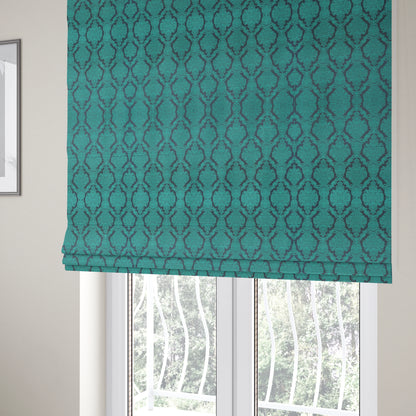 Elstow Damask Pattern Collection In Textured Embroidery Effect Chenille Upholstery Fabric In Teal Blue Colour CTR-419 - Roman Blinds