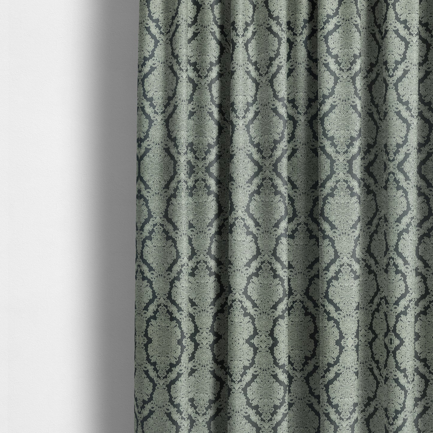 Elstow Damask Pattern Collection In Textured Embroidery Effect Chenille Upholstery Fabric In Grey Colour CTR-420 - Made To Measure Curtains