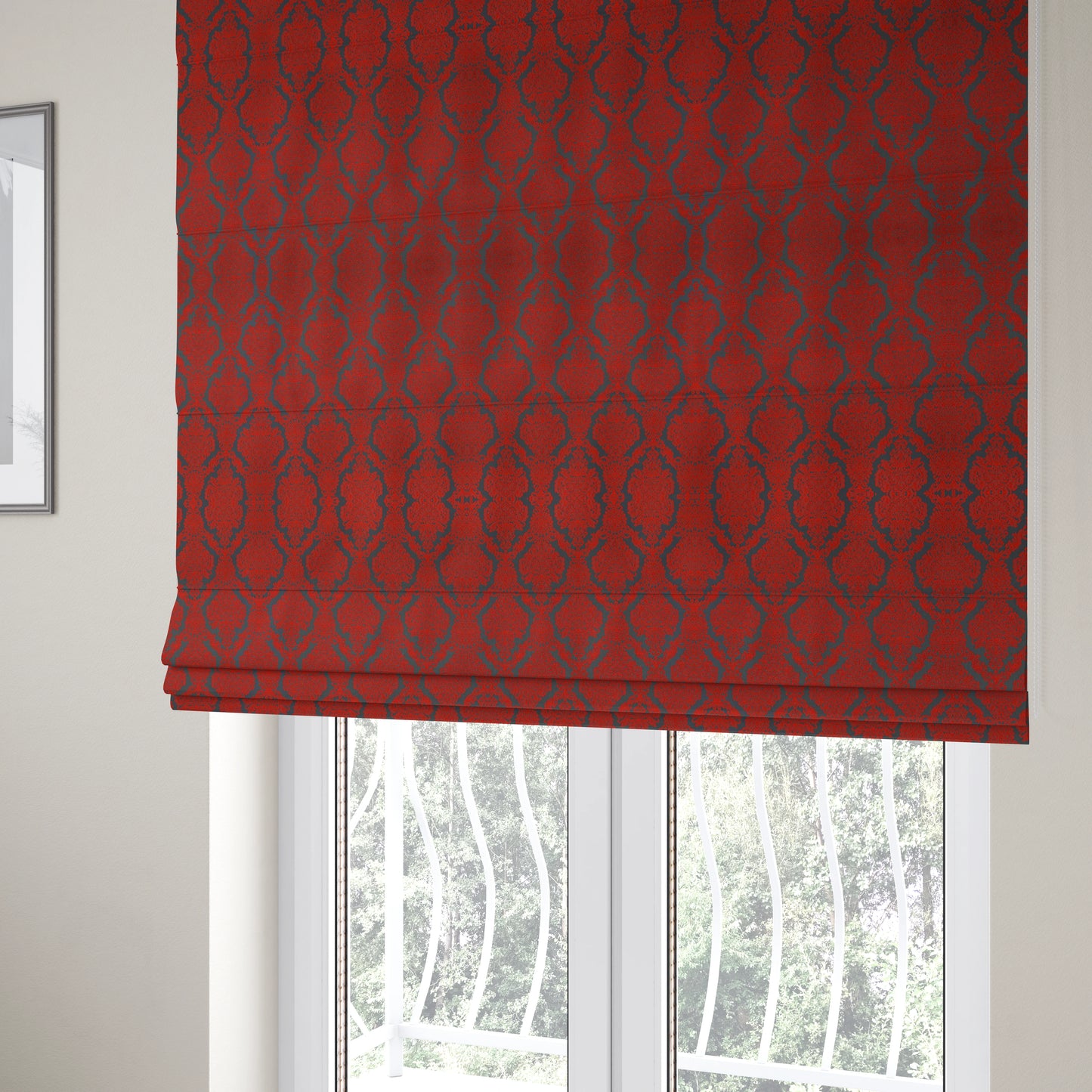 Elstow Damask Pattern Collection In Textured Embroidery Effect Chenille Upholstery Fabric In Red Colour CTR-422 - Roman Blinds