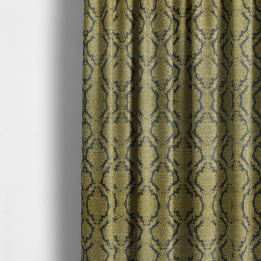 Elstow Damask Pattern Collection In Textured Embroidery Effect Chenille Upholstery Fabric In Yellow Blue Colour CTR-423 - Made To Measure Curtains