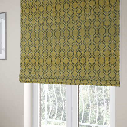 Elstow Damask Pattern Collection In Textured Embroidery Effect Chenille Upholstery Fabric In Yellow Blue Colour CTR-423 - Roman Blinds