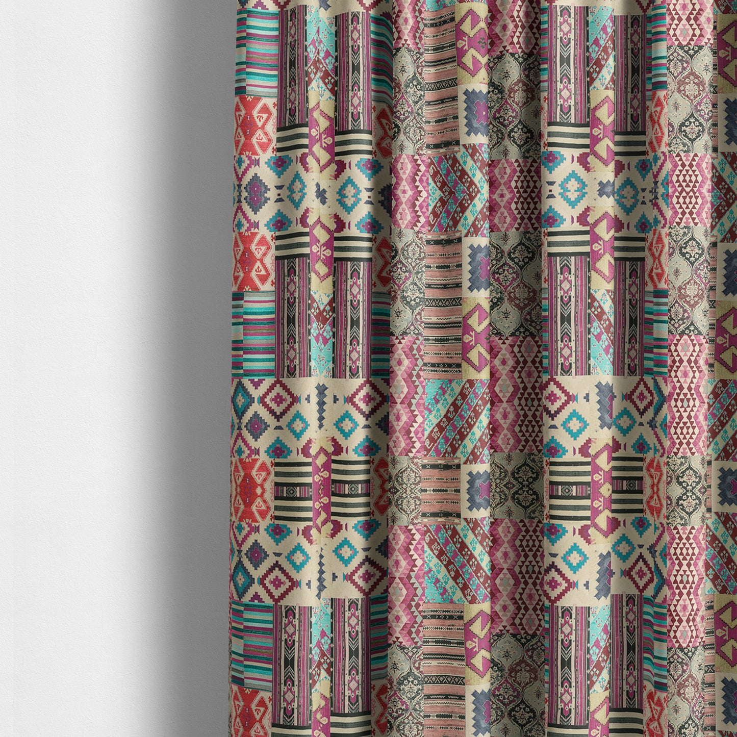 Freedom Printed Velvet Fabric Multi Colour Kilim Inspired Patchwork Pattern CTR-445 - Made To Measure Curtains