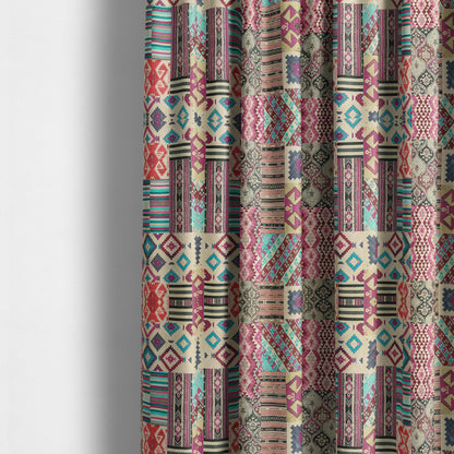 Freedom Printed Velvet Fabric Multi Colour Kilim Inspired Patchwork Pattern CTR-445 - Made To Measure Curtains