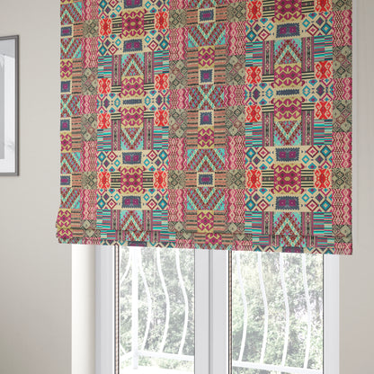 Freedom Printed Velvet Fabric Multi Colour Kilim Inspired Patchwork Pattern CTR-445 - Roman Blinds