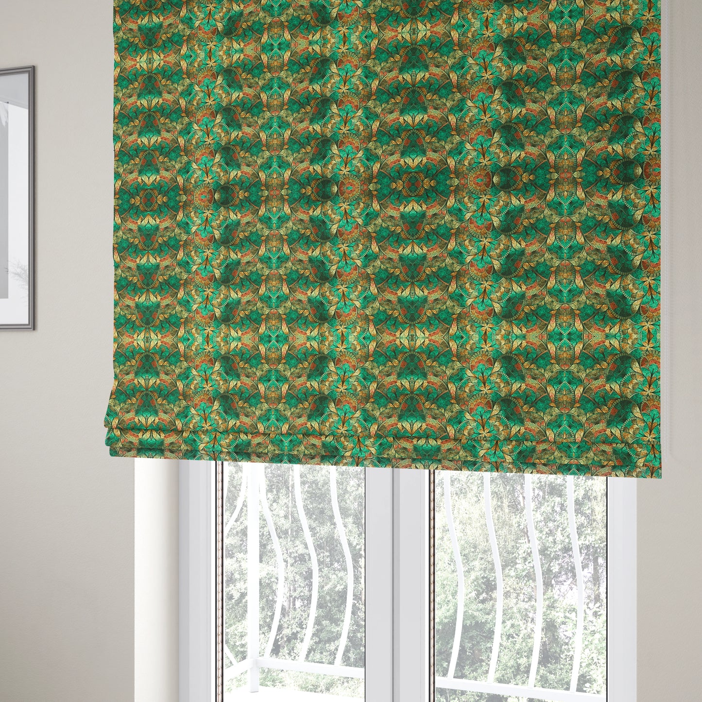 Freedom Printed Velvet Fabric Designer Teal Mosaic Pattern Upholstery Fabric CTR-456 - Roman Blinds