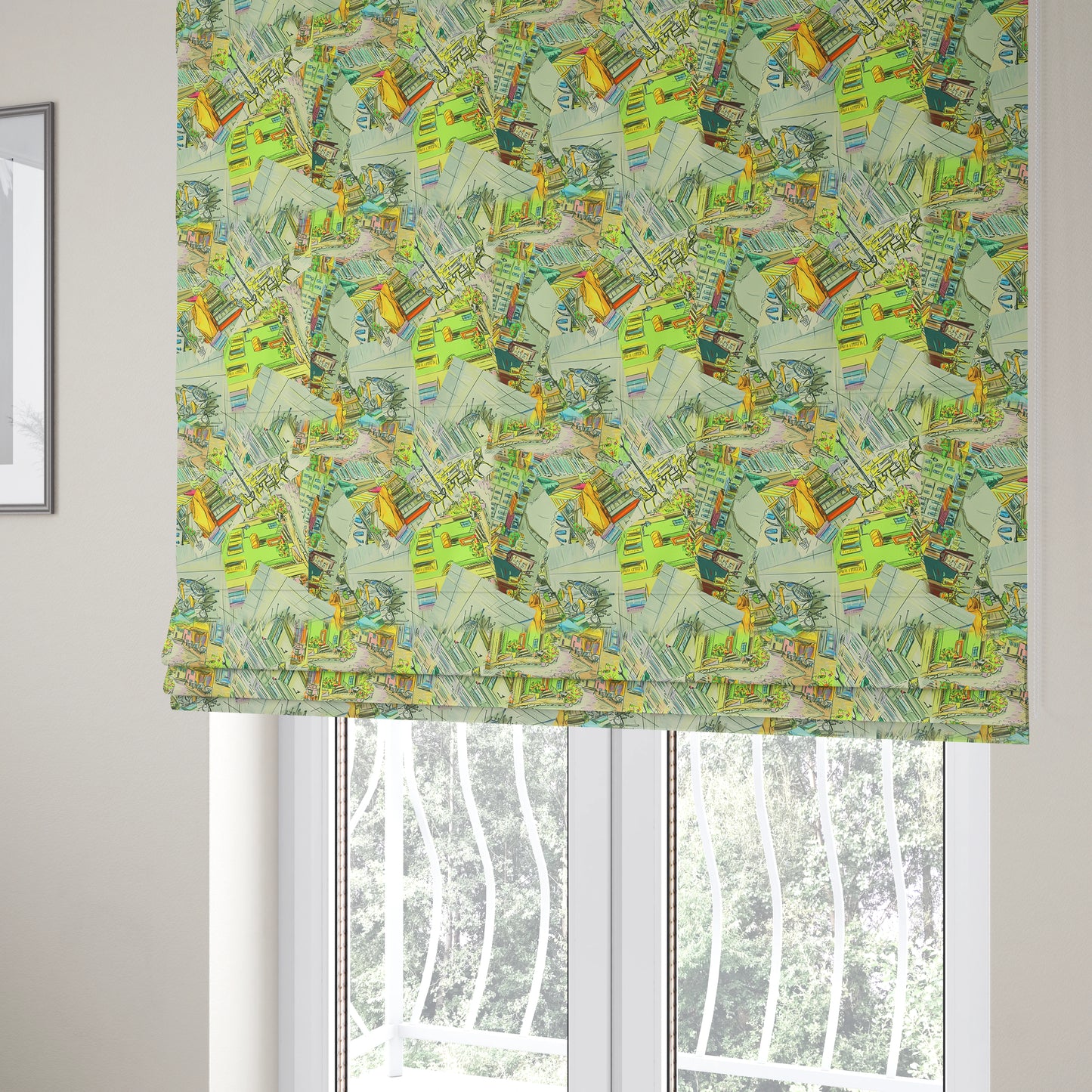 Freedom Printed Velvet Fabric Outdoor Colourful Street Scene Pattern Upholstery Fabric CTR-468 - Roman Blinds