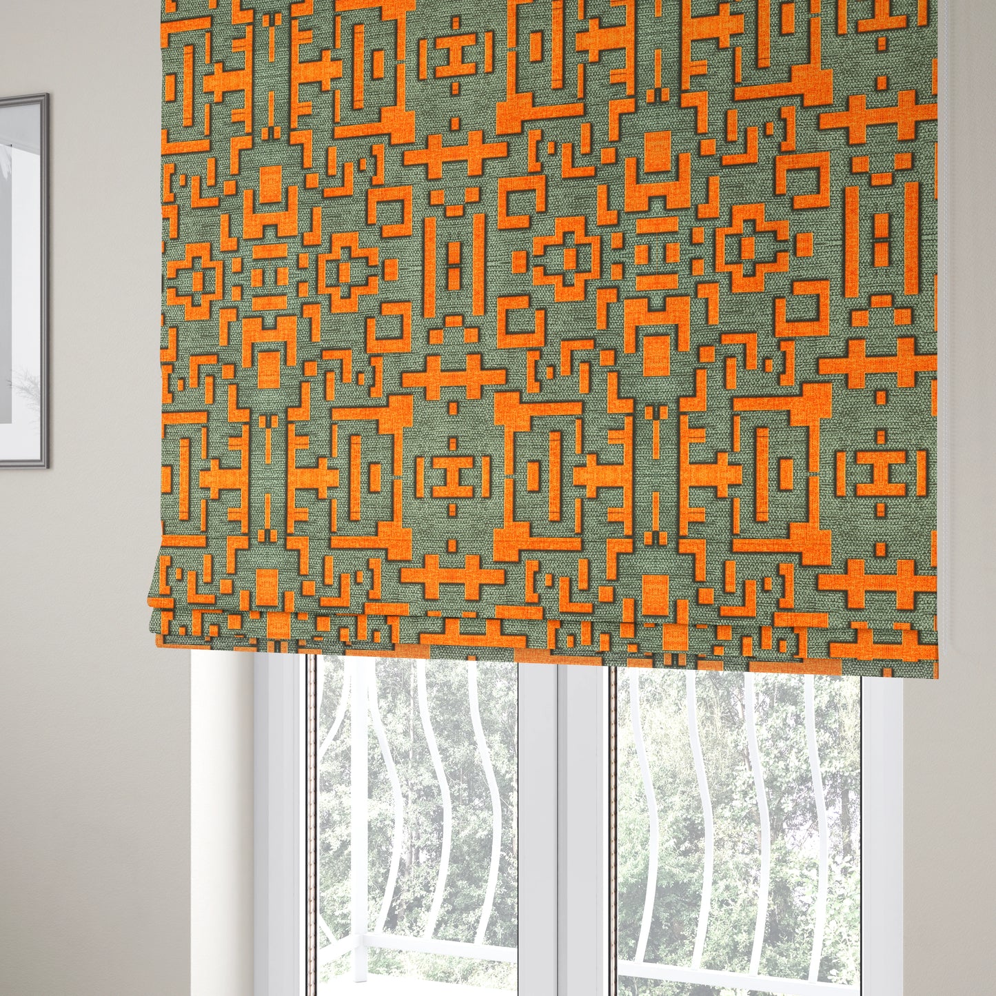 Freedom Printed Velvet Fabric Grey Background Orange Geometric Pattern Upholstery Fabric CTR-475 - Roman Blinds