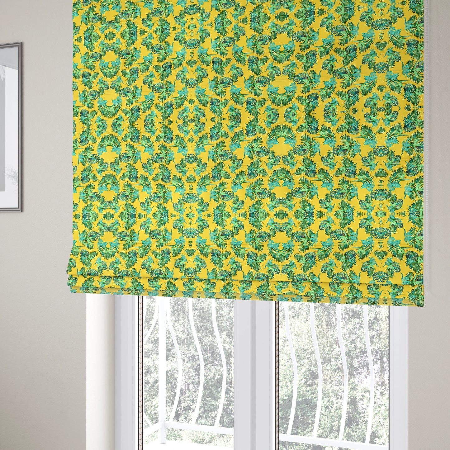 Freedom Printed Velvet Fabric Yellow Teal Jungle All Floral Pattern Upholstery Fabrics CTR-483 - Roman Blinds