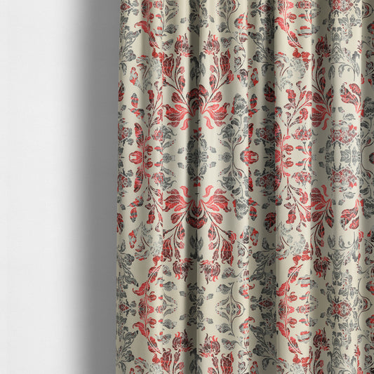 Freedom Printed Velvet Fabric Red Grey Colour Flower Damask Pattern Upholstery Fabric CTR-499 - Made To Measure Curtains