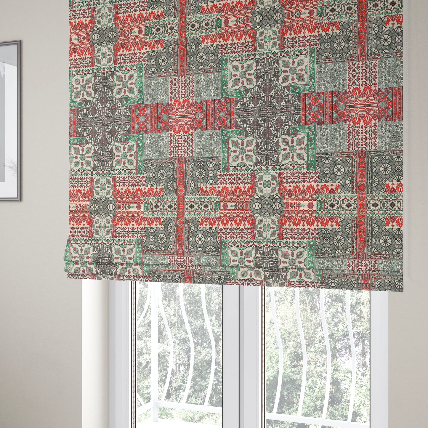 Freedom Printed Velvet Fabric Collection Green Purple Red Patchwork Pattern CTR-515 - Roman Blinds