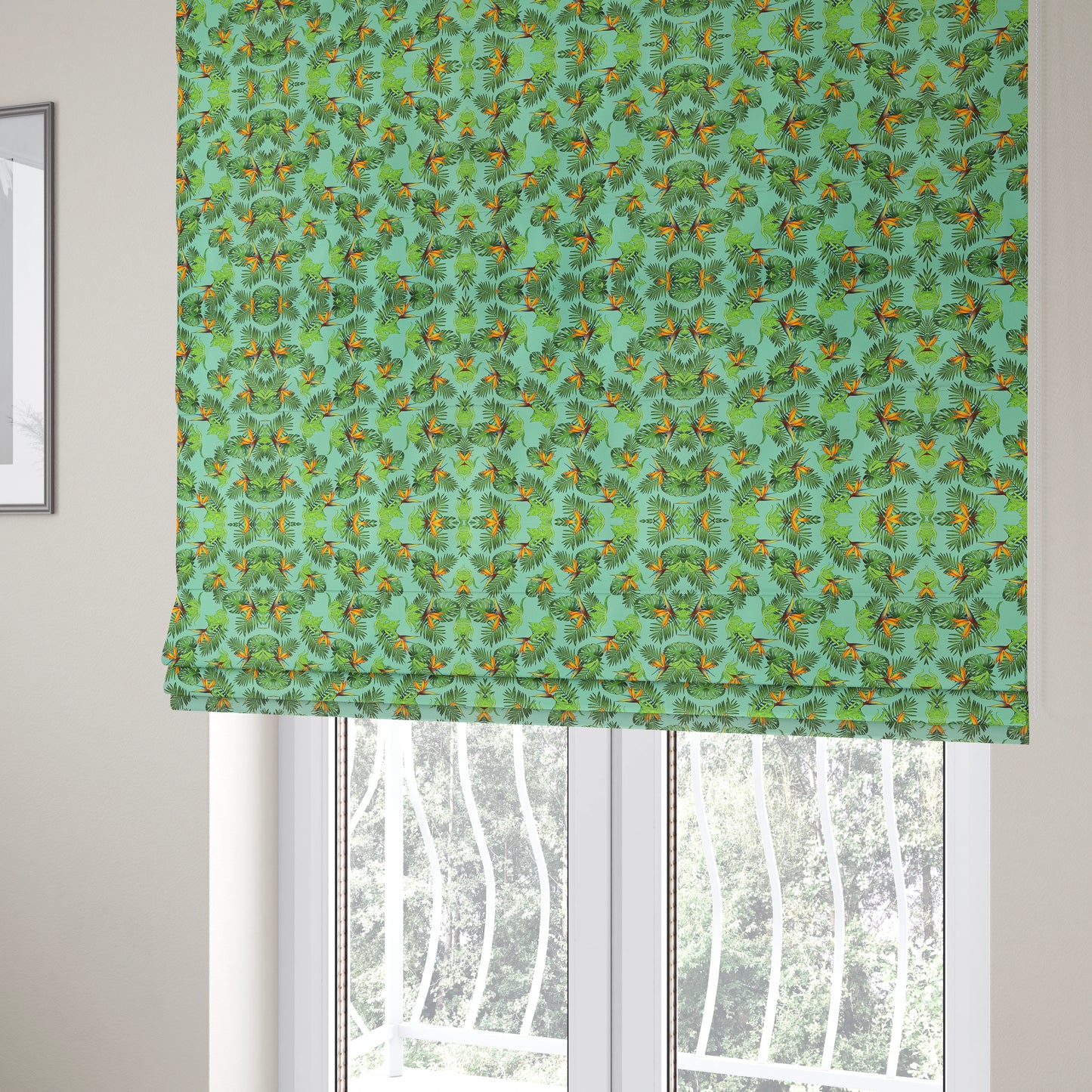 Freedom Printed Velvet Fabric Blue Green Colour Leaf Floral Pattern Upholstery Fabrics CTR-516 - Roman Blinds