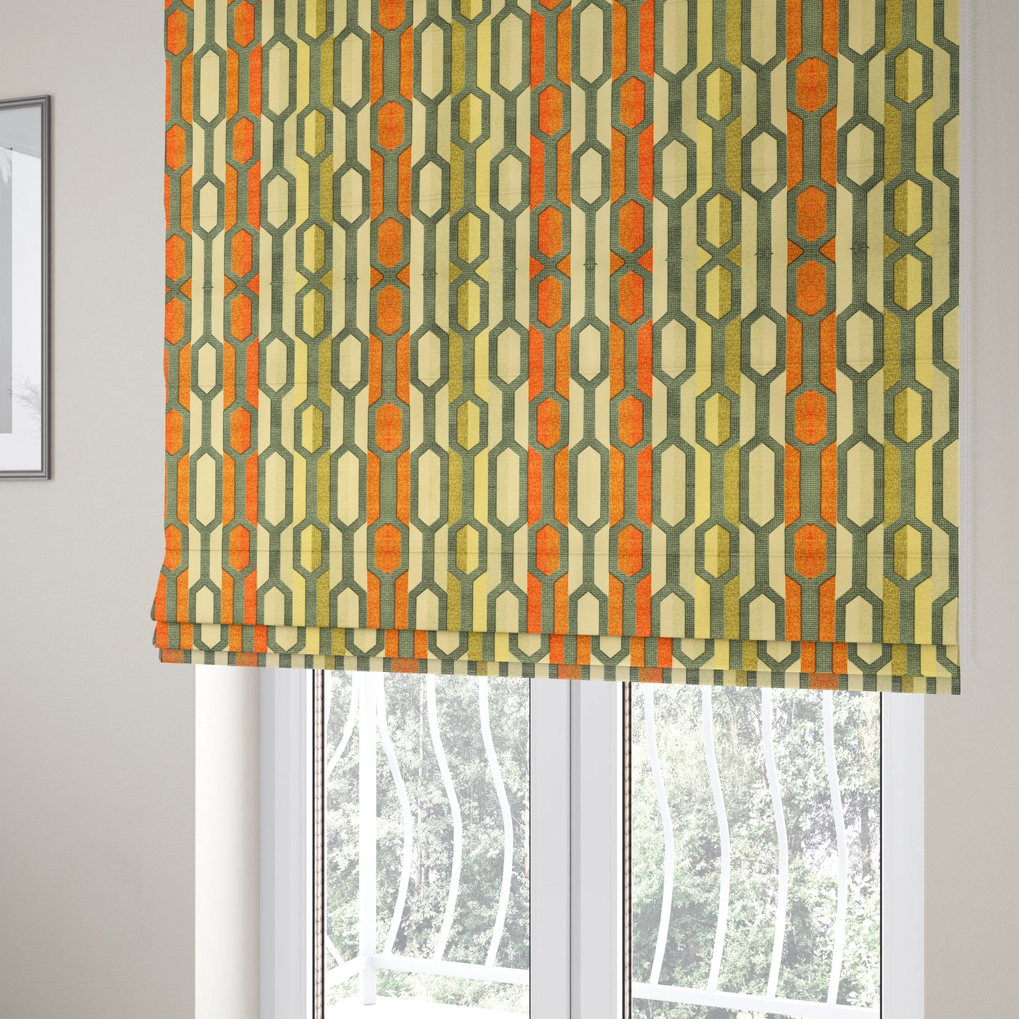 Freedom Printed Velvet Fabric Grey Orange Green Colour Geometric Stripe Pattern Upholstery Fabrics CTR-519 - Roman Blinds