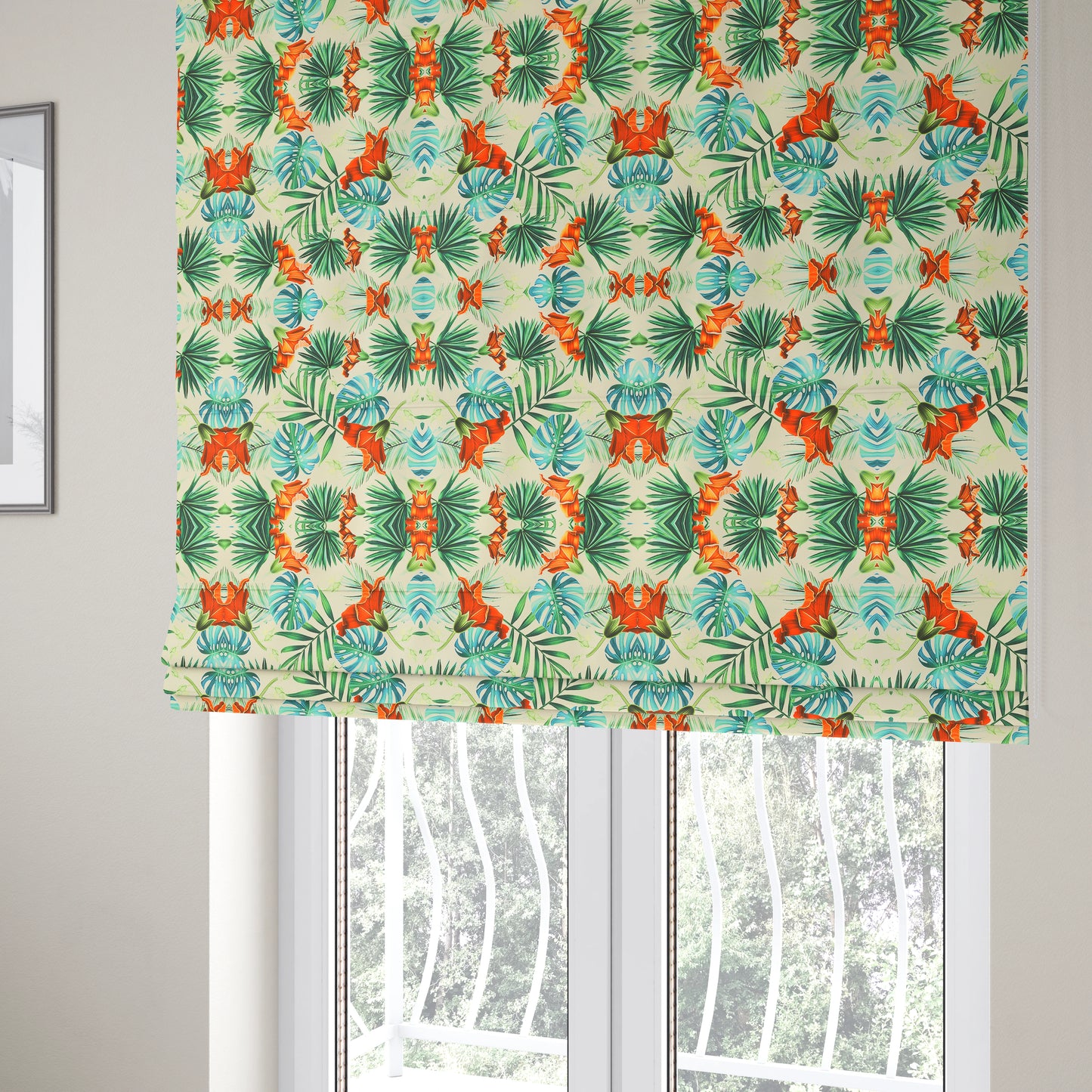 Freedom Printed Velvet Fabric Jungle Leaf White Green Red Colour Pattern Upholstery Fabric CTR-522 - Roman Blinds