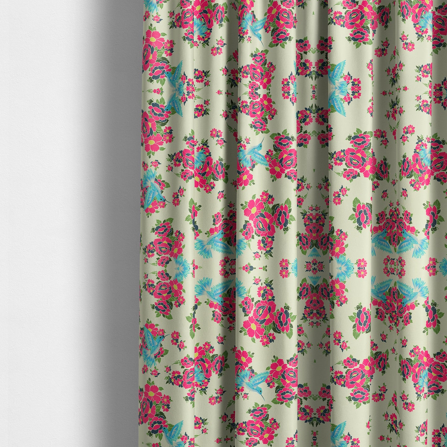 Freedom Printed Velvet Fabric Blue Kingfisher Bird Pink Floral Pattern Furnishing Fabric CTR-531 - Made To Measure Curtains