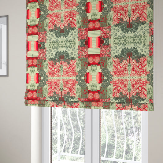 Freedom Printed Velvet Fabric Red Grey Colour Patchwork Pattern Upholstery Fabrics CTR-532 - Roman Blinds