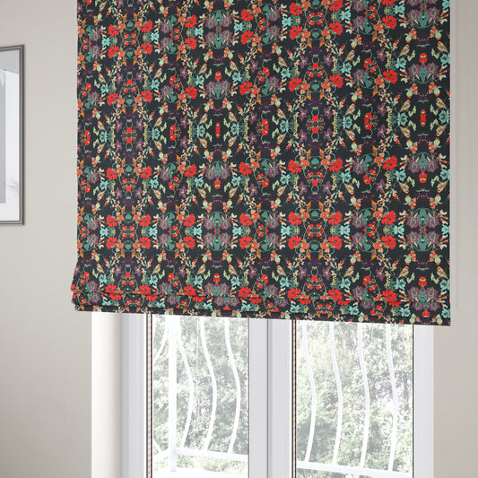 Freedom Printed Velvet Fabric Black Colourful Floral With Birds Pattern Upholstery Fabric CTR-541 - Roman Blinds