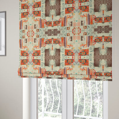 Freedom Printed Velvet Fabric Multicoloured Orange Red Kilim Patchwork Upholstery Fabric CTR-543 - Roman Blinds