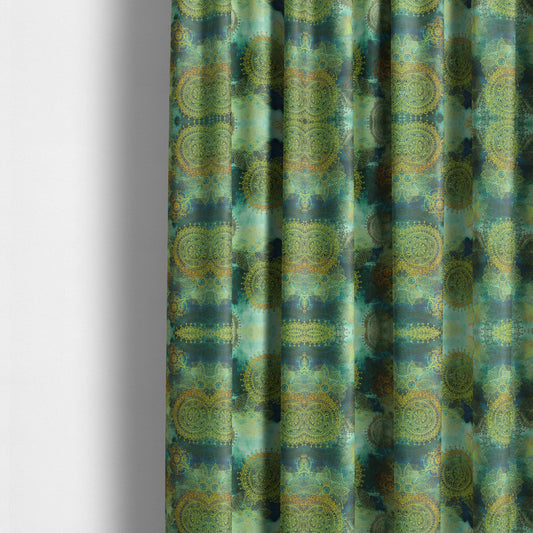 Freedom Printed Velvet Fabric Deep Blue Ocean Green Yellow Circular Pattern Upholstery Fabrics CTR-546 - Made To Measure Curtains