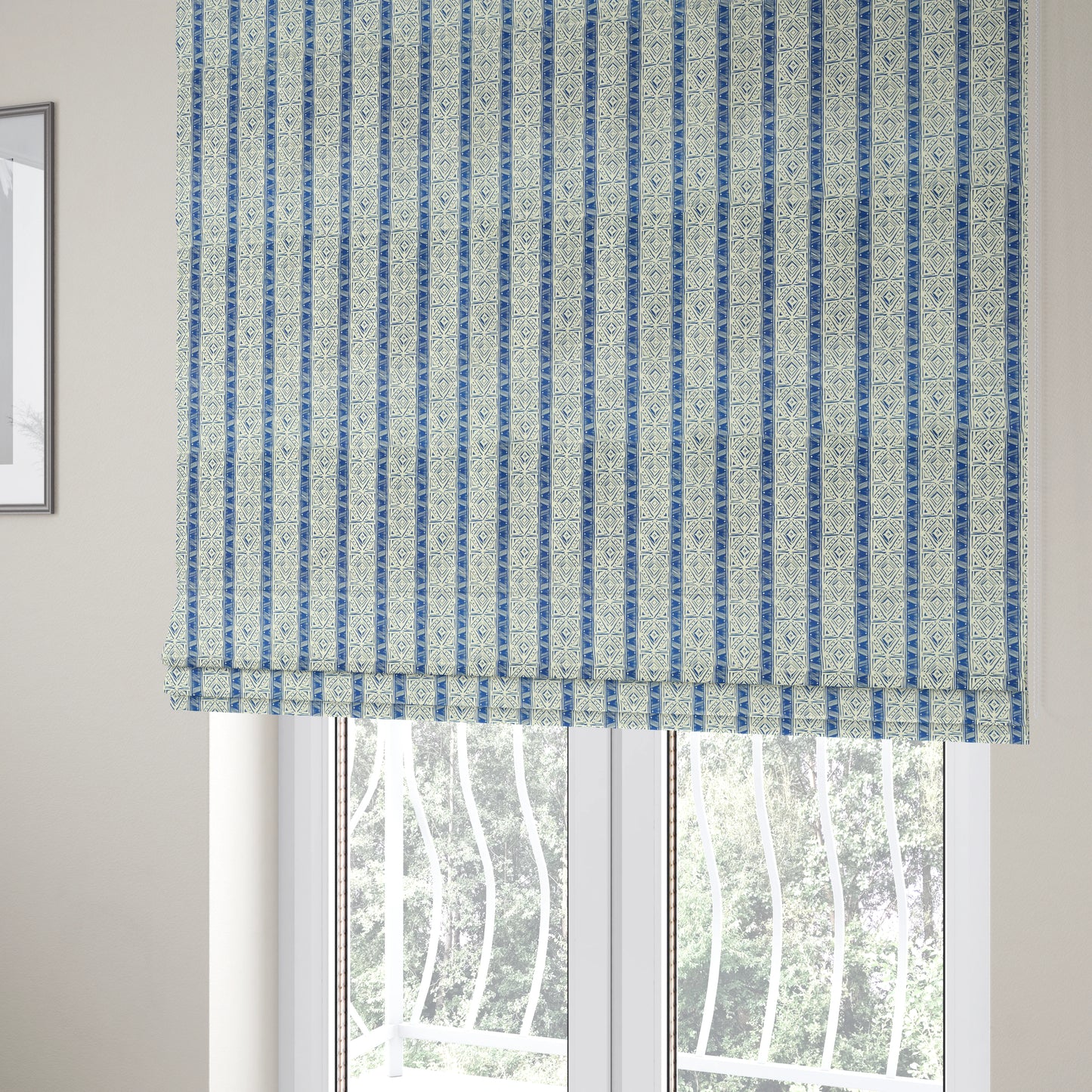 Freedom Printed Velvet Fabric Collection Tile Pattern In Blue Colour Upholstery Fabric CTR-55 - Roman Blinds