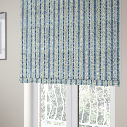 Freedom Printed Velvet Fabric Collection Tile Pattern In Blue Colour Upholstery Fabric CTR-55 - Roman Blinds