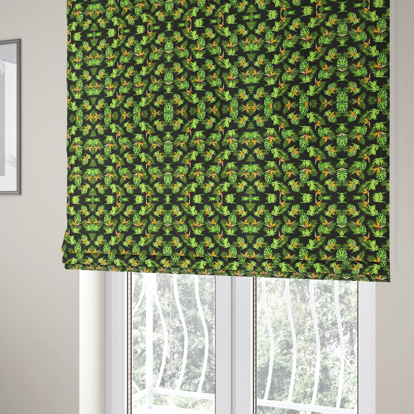 Freedom Printed Velvet Fabric Full Black Colour Green Leaf Floral Pattern Upholstery Fabrics CTR-555 - Roman Blinds