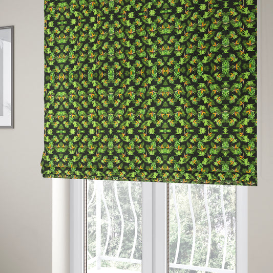 Freedom Printed Velvet Fabric Full Black Colour Green Leaf Floral Pattern Upholstery Fabrics CTR-555 - Roman Blinds