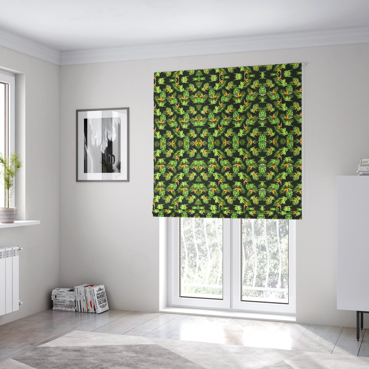 Freedom Printed Velvet Fabric Full Black Colour Green Leaf Floral Pattern Upholstery Fabrics CTR-555 - Roman Blinds