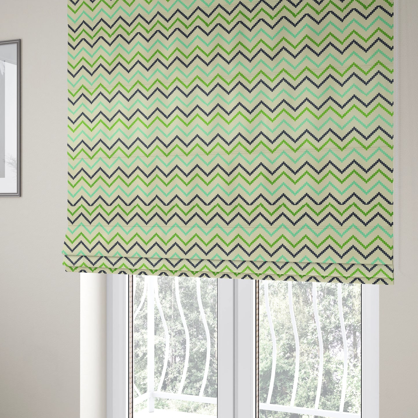 Freedom Printed Velvet Fabric Collection Geometric Chevron Pattern In Blue Green Colours Upholstery Fabric CTR-56 - Roman Blinds