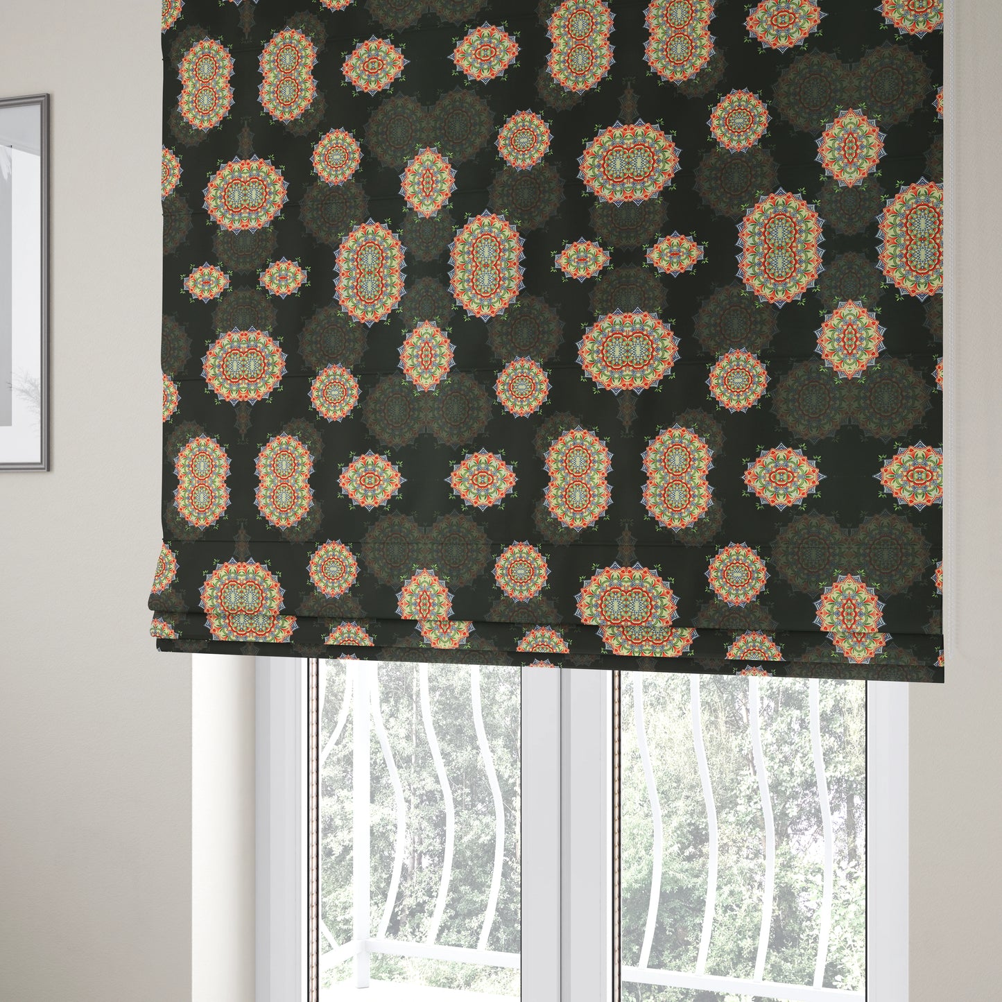 Freedom Printed Velvet Fabric All Black Background Colourful Medallion Pattern Upholstery Fabric CTR-561 - Roman Blinds