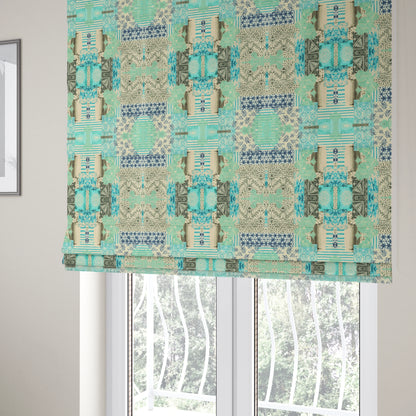 Freedom Printed Velvet Fabric Aqua Teal Blue Full Patchwork Pattern Upholstery Fabrics CTR-569 - Roman Blinds