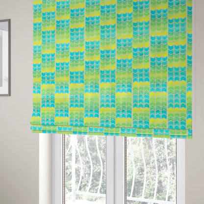 Freedom Printed Velvet Fabric Collection Chevron Pattern In Blue Green Colours Upholstery Fabric CTR-57 - Roman Blinds