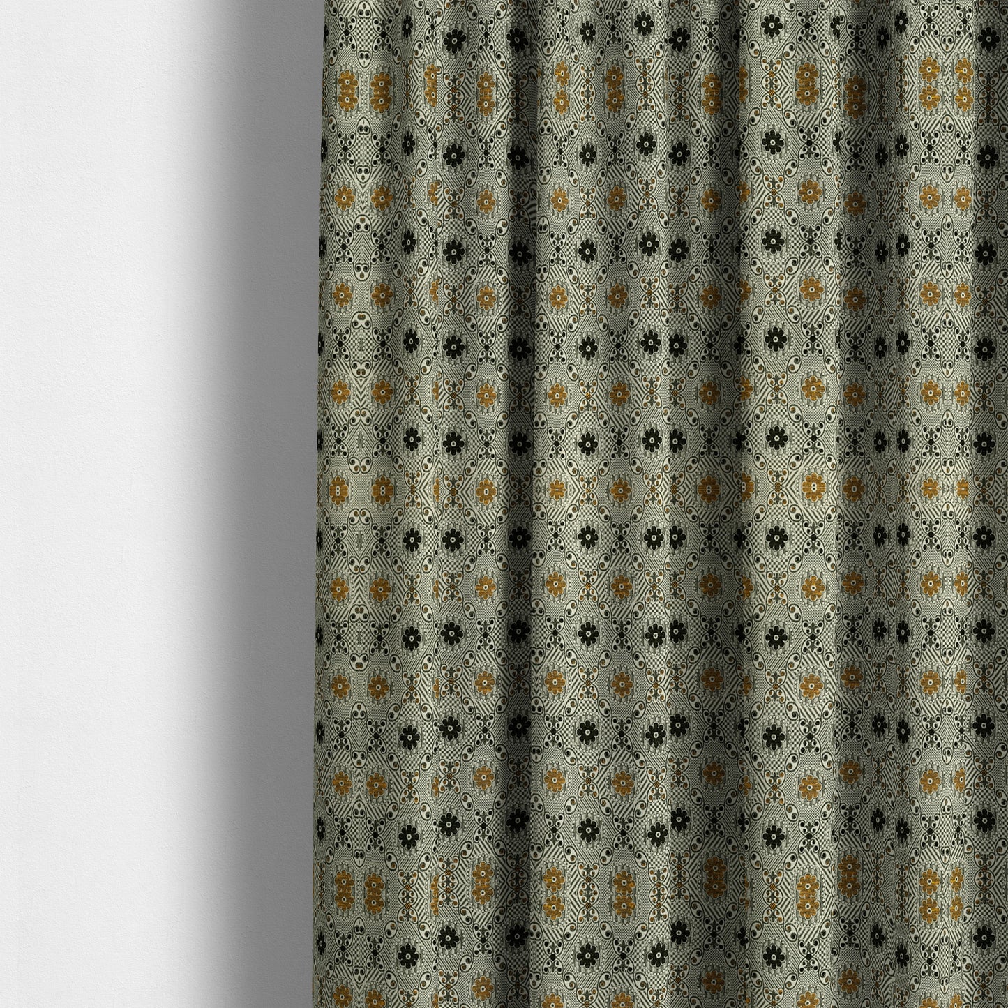 Kodiak Textured Glitter Upholstery Furnishing Pattern Fabric Small Floral In Black Yellow Silver CTR-571 - Made To Measure Curtains