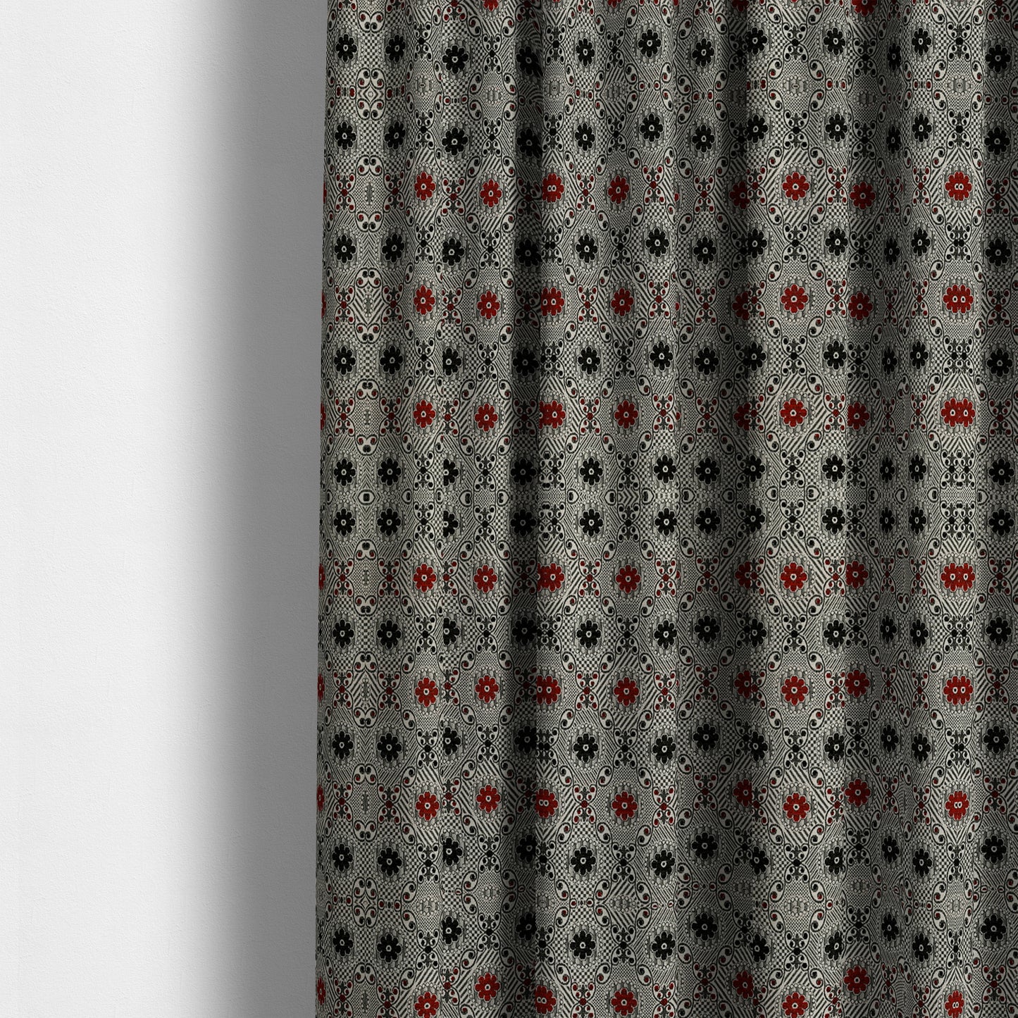 Kodiak Textured Glitter Upholstery Furnishing Pattern Fabric Small Floral In Black Red Silver CTR-572 - Made To Measure Curtains