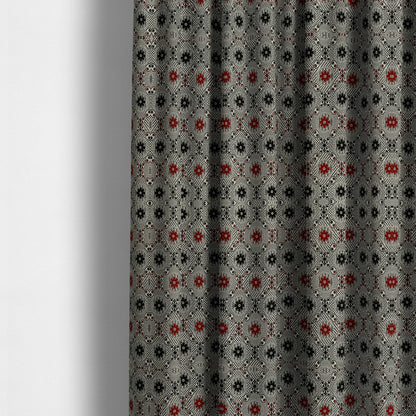 Kodiak Textured Glitter Upholstery Furnishing Pattern Fabric Small Floral In Black Red Silver CTR-572 - Made To Measure Curtains