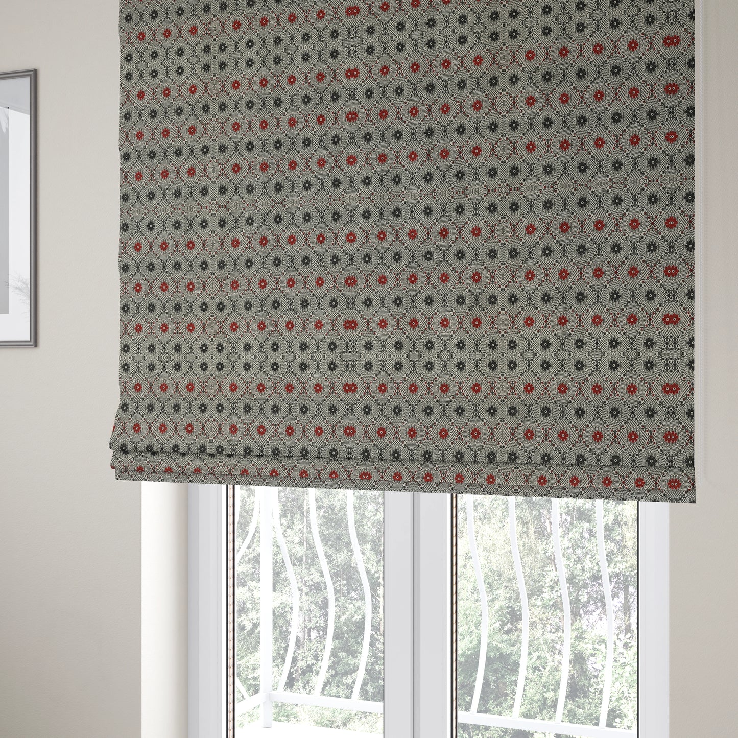 Kodiak Textured Glitter Upholstery Furnishing Pattern Fabric Small Floral In Black Red Silver CTR-572 - Roman Blinds