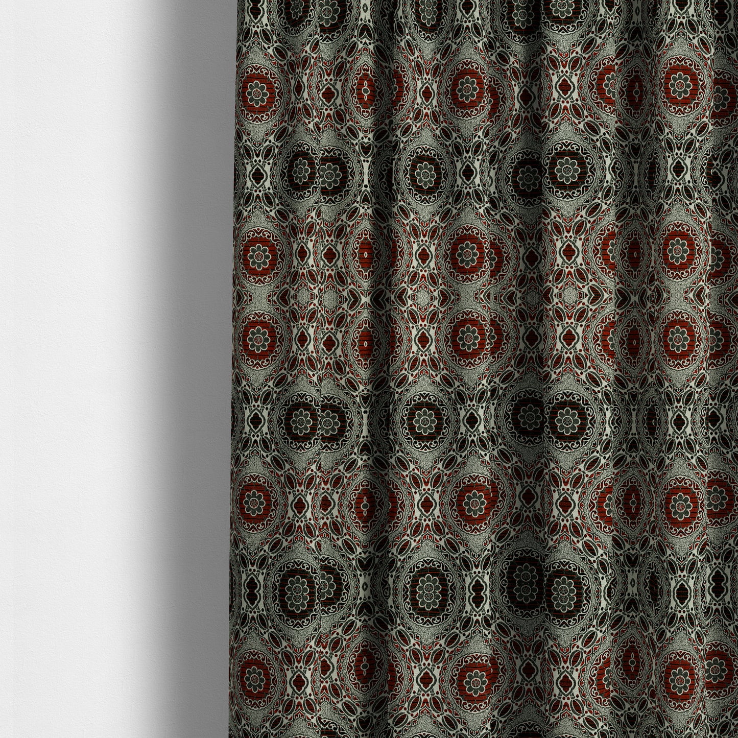 Palmer Textured Glitter Upholstery Furnishing Pattern Fabric Damask Circle In Black Red Silver CTR-575 - Made To Measure Curtains