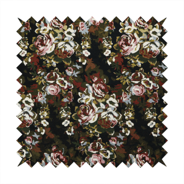A repeating vintage floral pattern on a dark black and olive green woven fabric background. The pattern features clusters of blooming roses in shades of dusty pink, burgundy, cream, and muted light blue, accompanied by small accent flowers and olive green leaves.   