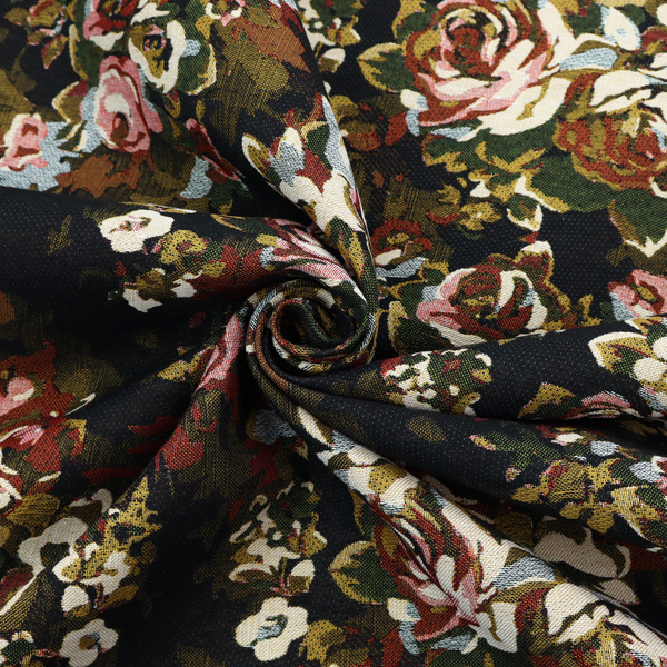 A repeating vintage floral pattern on a dark black and olive green woven fabric background. The pattern features clusters of blooming roses in shades of dusty pink, burgundy, cream, and muted light blue, accompanied by small accent flowers and olive green leaves.   